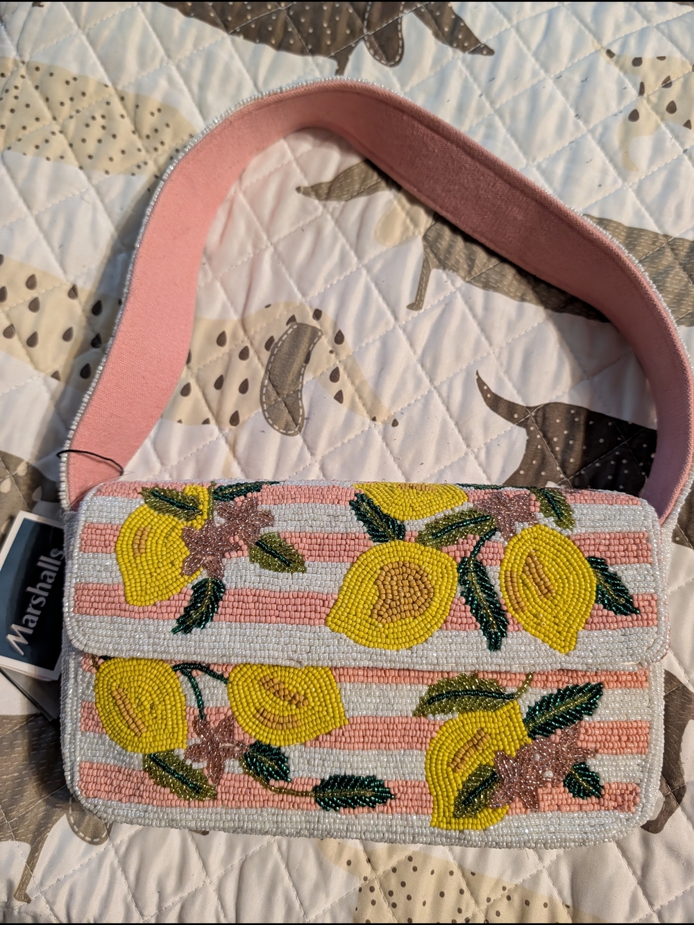 Marshalls Pink Beaded Shoulder Bag with Yellow Lemon Motif Handmade In India NWT